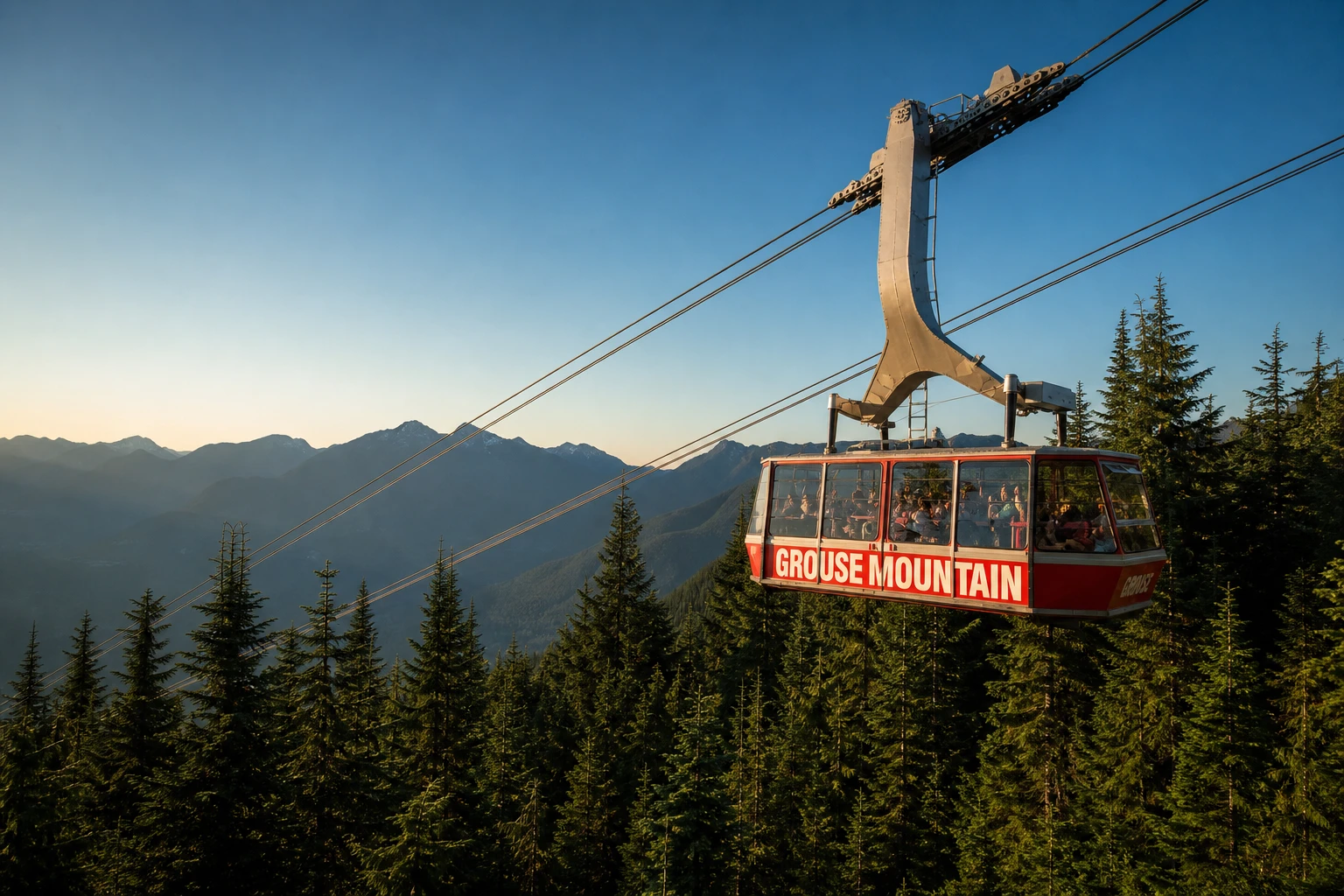Red Grouse Mountain Skyride travelling above the North Shore forest