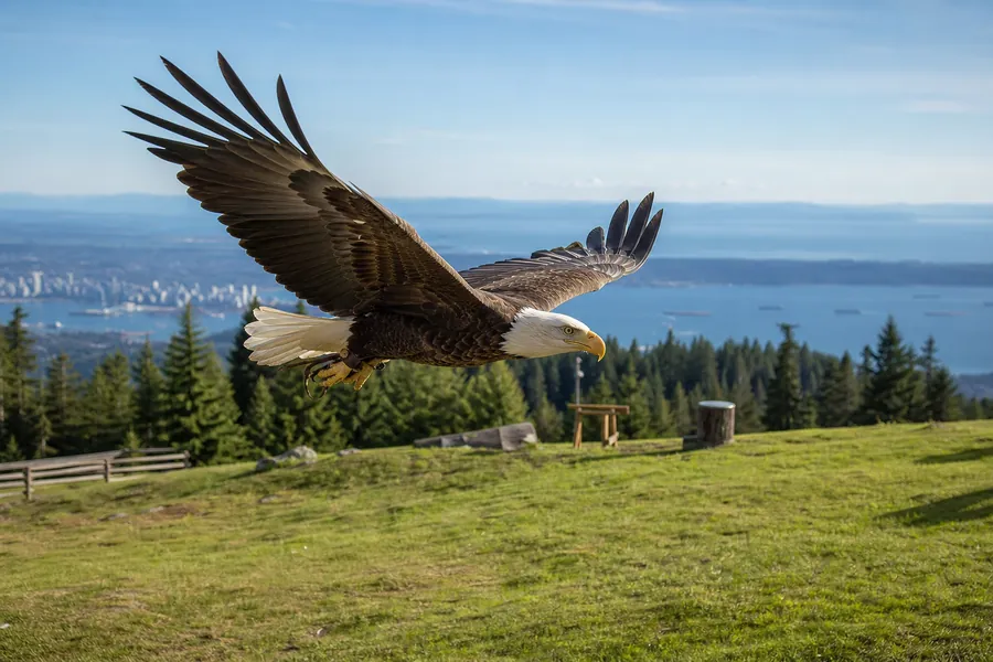 Bird of prey in flight over the mountain
