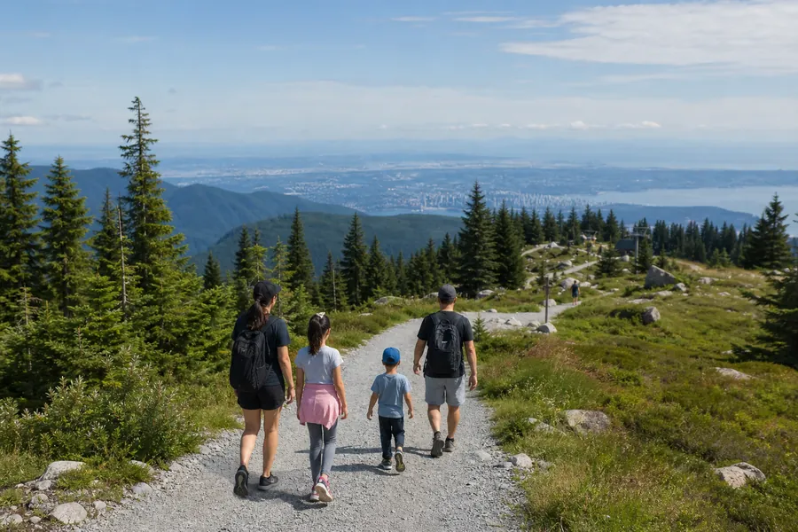 Visitors exploring open areas at the mountain summit